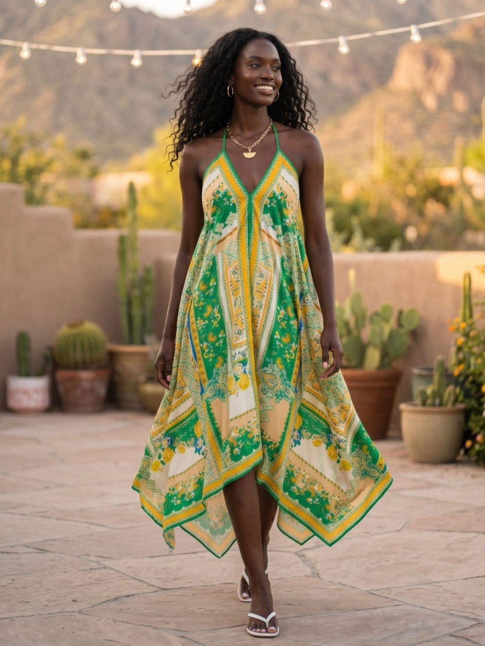 Green Yellow Floral Halter Asymmetrical Maxi Dress | Open Back Scarf Print - Picture 4 of 5